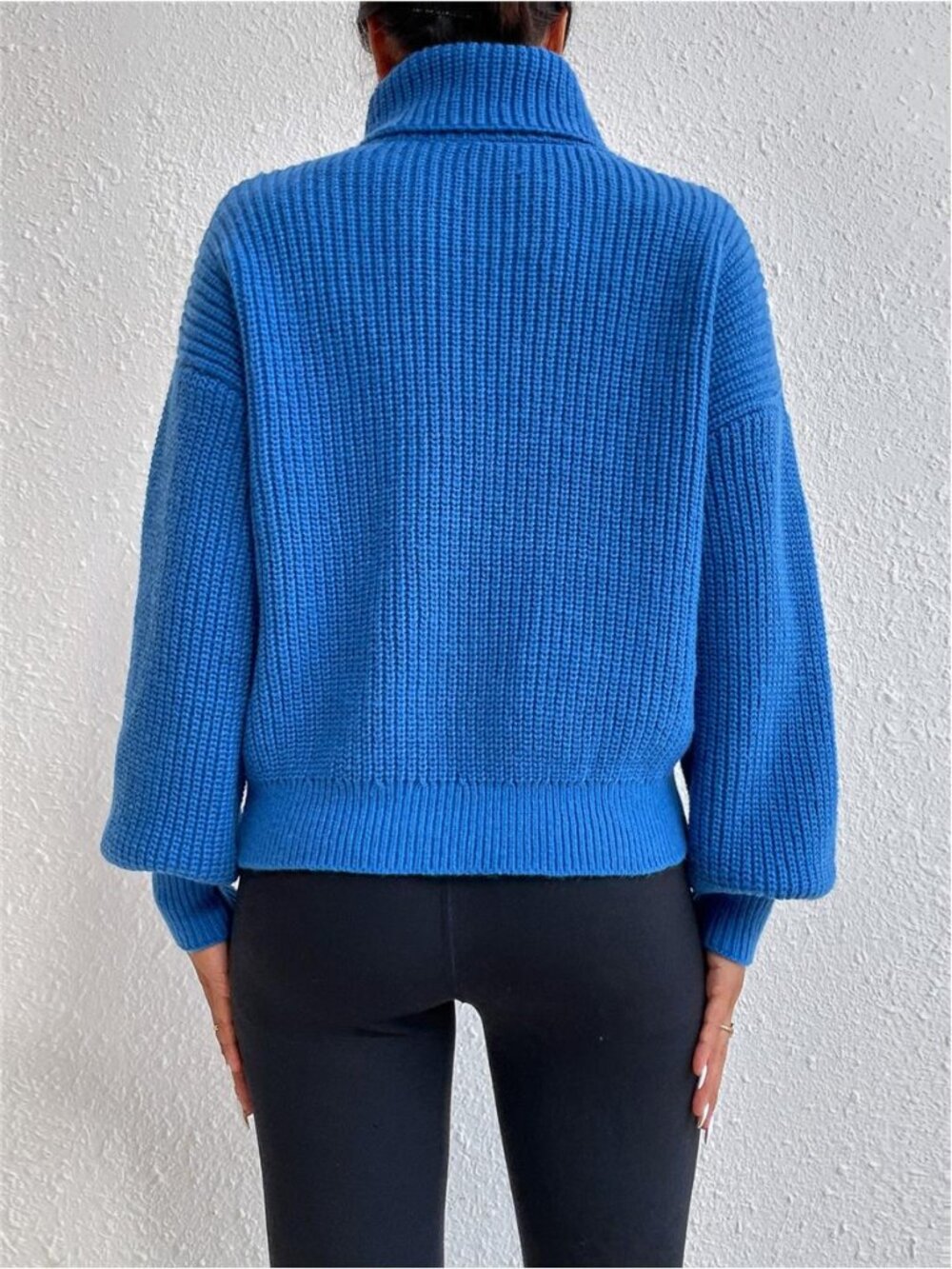 Ribbed Knit Turtleneck Dropped Shoulder Sweater, Long Sleeve Top - Picture 4 of 8